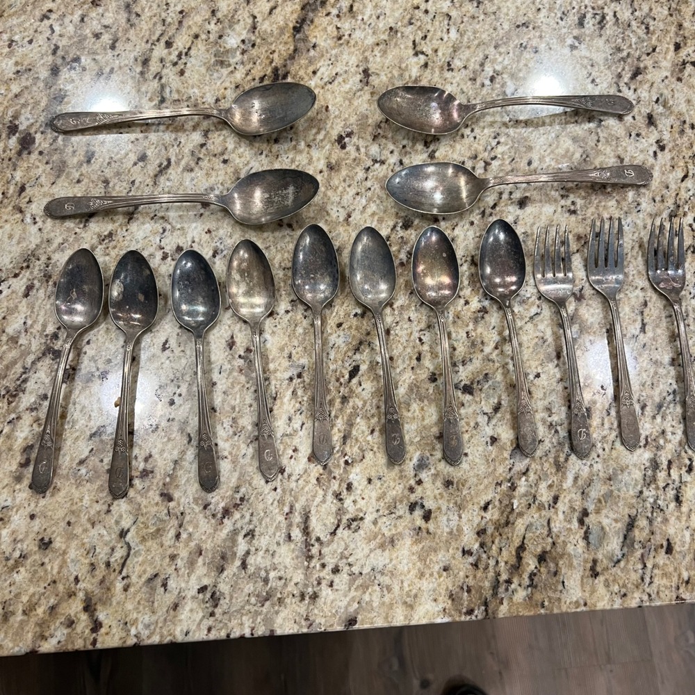WM Rogers Silver Plate Flatware 15pc Monogram D Floral Scroll Vintage Flatware